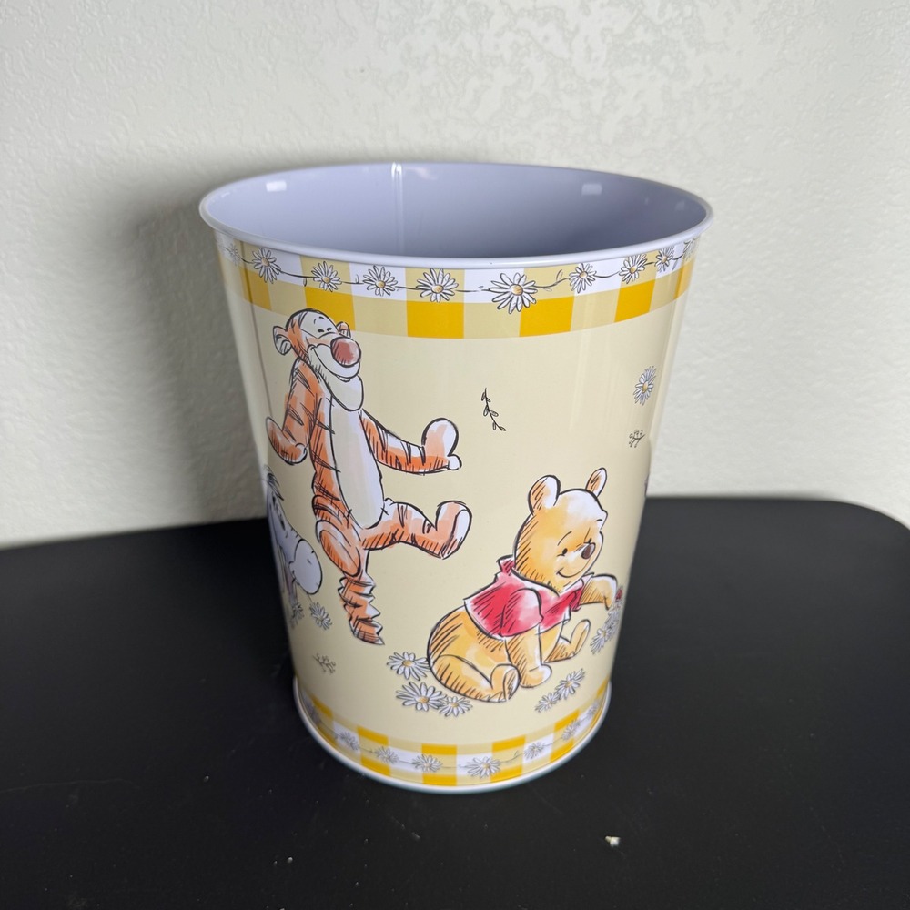 Disney Winnie the Pooh Metal Wastebasket Kids Room Yellow Gingham Tigger Eeyore